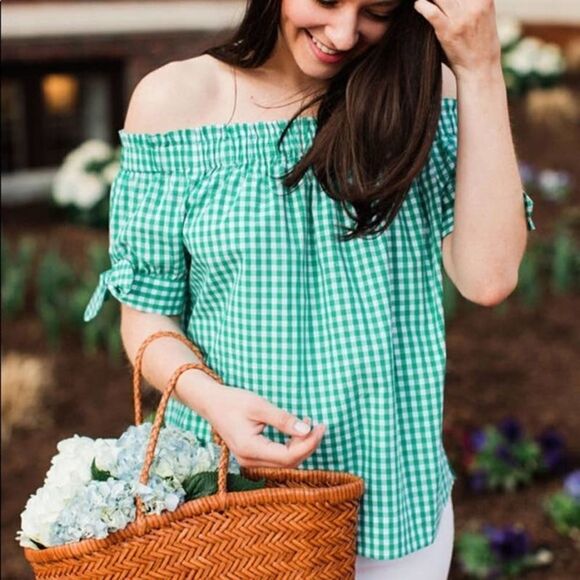 J. Crew Tops - J. Crew White Green Gingham Off the Shoulder Top